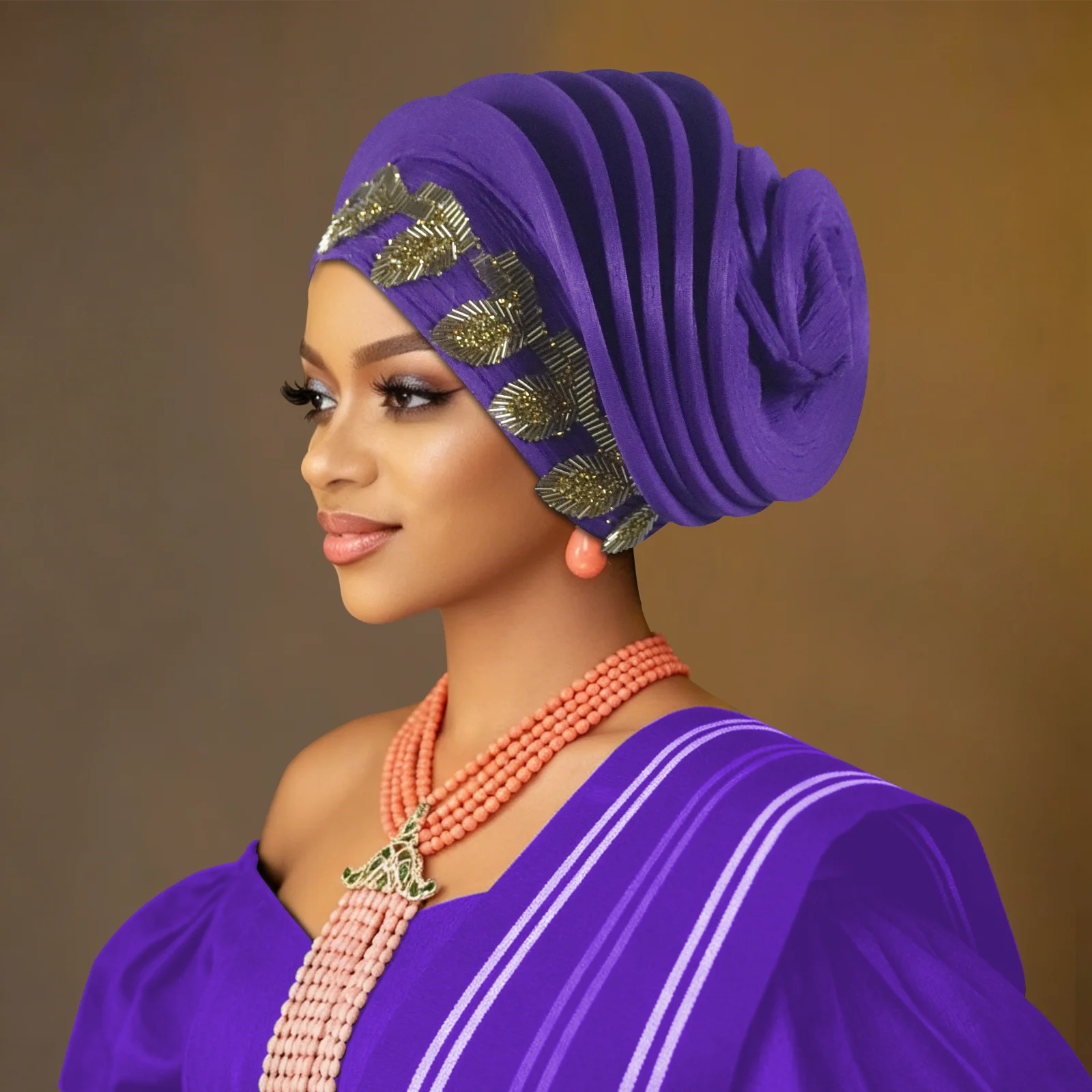 Spiral Beret Turban Cap for Women Beads Afrcian Auto Gele Head Wraps Nigeria Headpiece Wedding Party Hijab Bonnet Hat Headgear