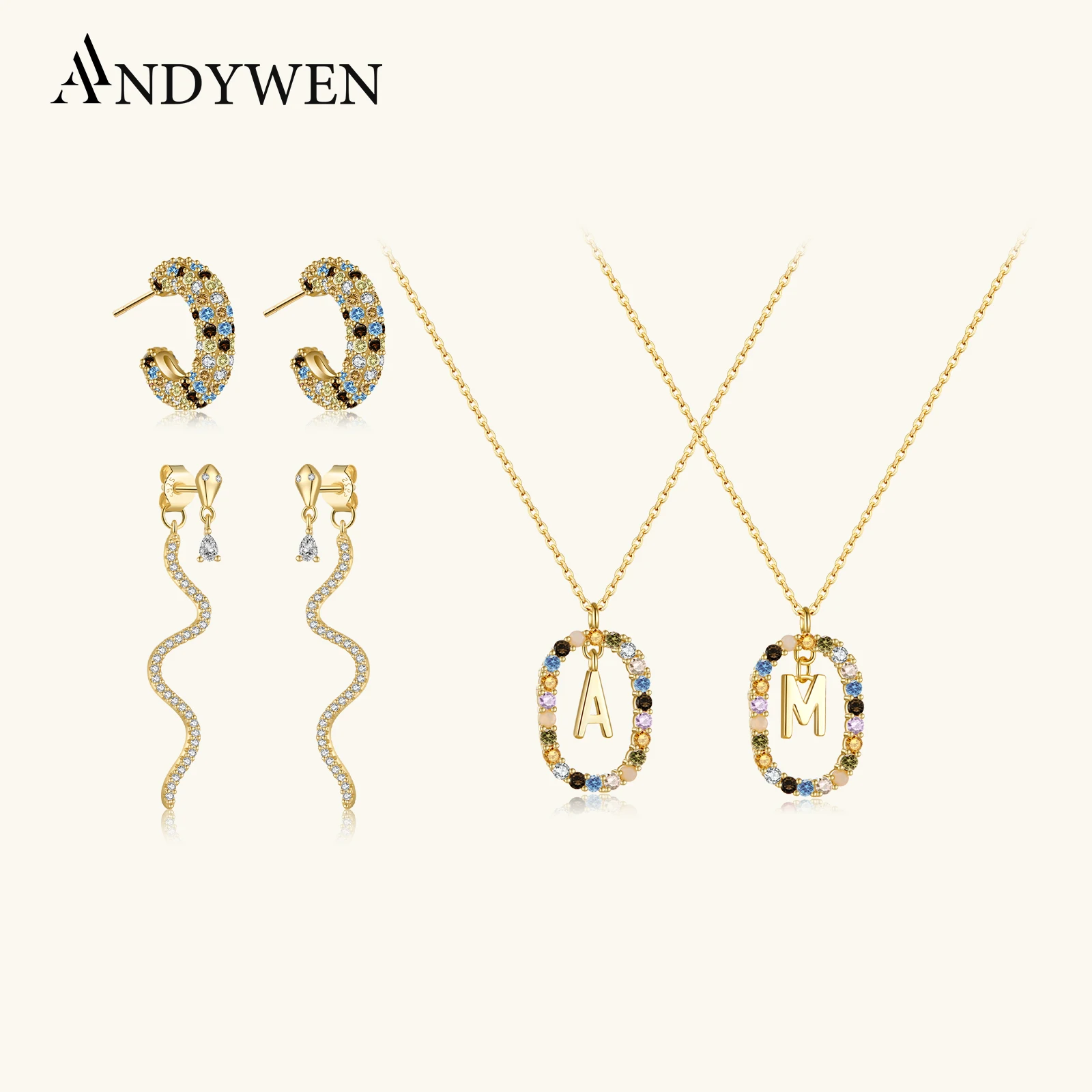ANDYWEN 925 Sterling Silver Gold Rainbow Initial Letters A M Initial Butterfly Choker Piercing Pendiente Fine Jewelry Wedding