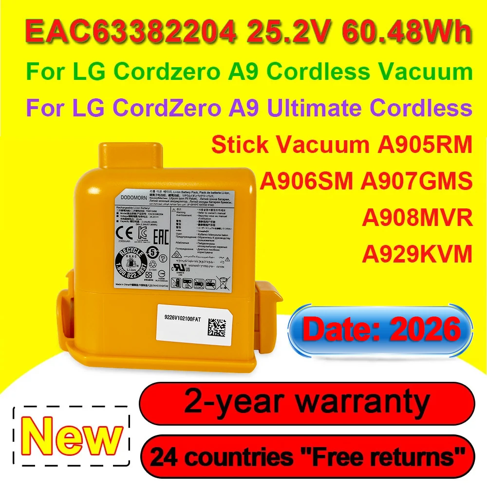 For LG CordZero A9 Ultimate Cordless Stick Vacuum Cleaner Battery EAC63382204 A9 Plus A9M A9S A958 A958SA A905RM A907GMS A908MVR