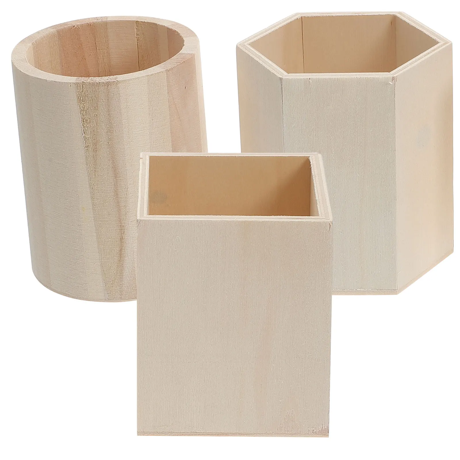 

3pcs Pen Holder Pencil Cup Storage Bucket Wood Desk Organizer Natural Texture Makeup Brush Container Round Square Hexagonal