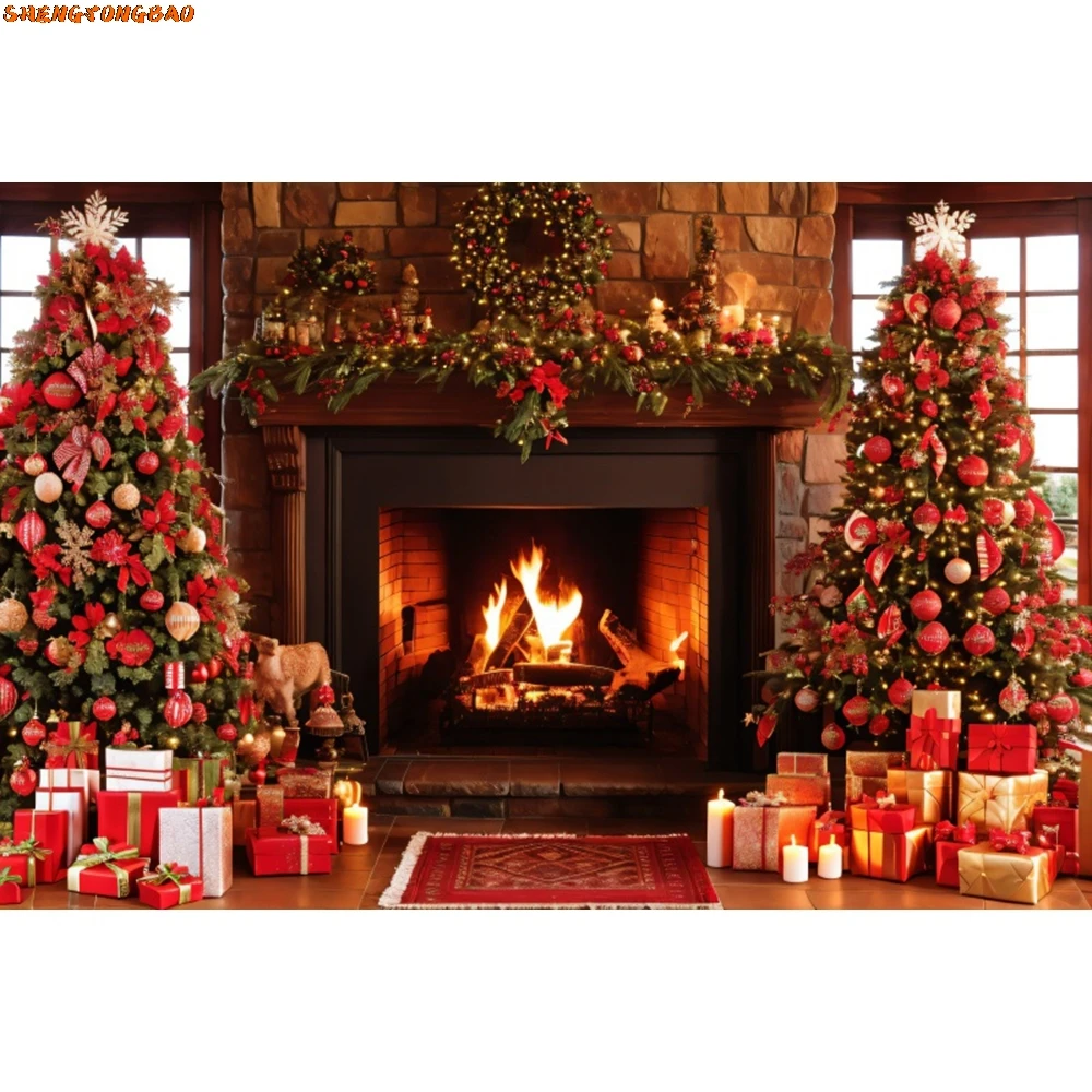 Рождественский камин фон зима снег Рождественская елка окно сарая дверь семейная вечеринка фон для фотосъемки Декор реквизит для фотостудии