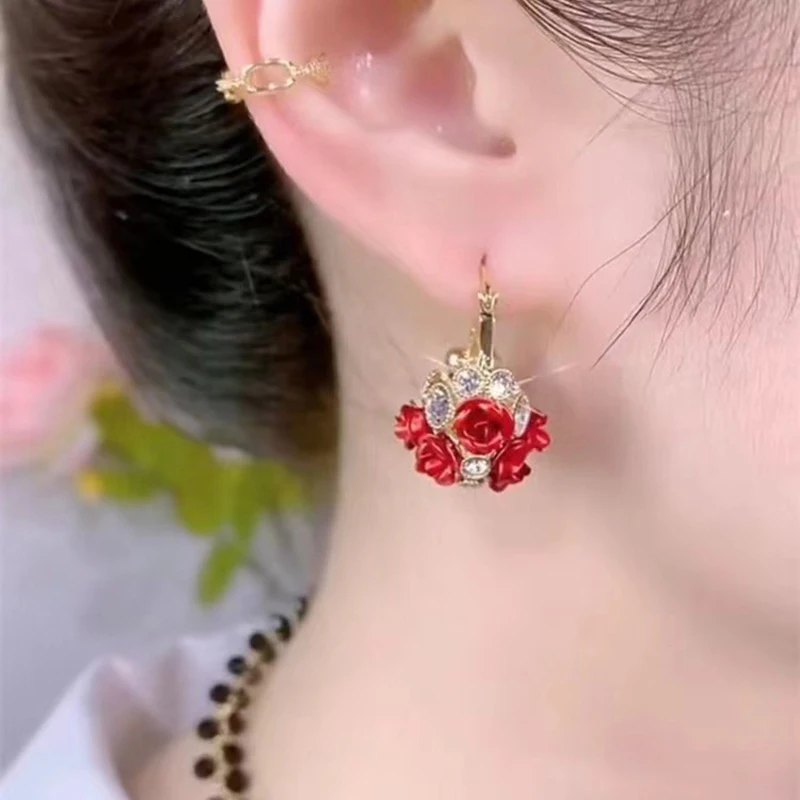 Exquisite Shining Red Rose Niche Design Feel Flower Basket Fashion Ear Buckles Jewelry Gifts