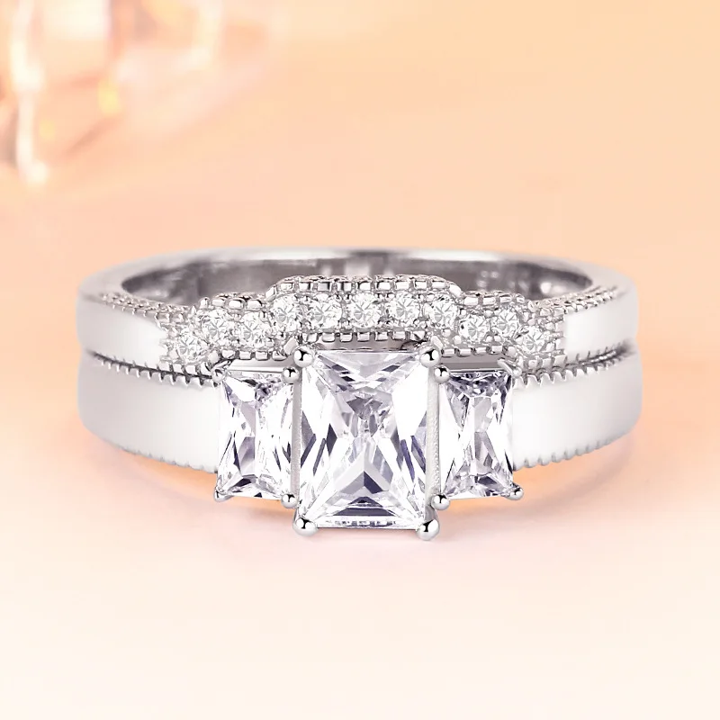 

Princess Square Shape Zircon 925 Sterling Silver Womens Jewelry Wedding Ring Set with 3 Stones