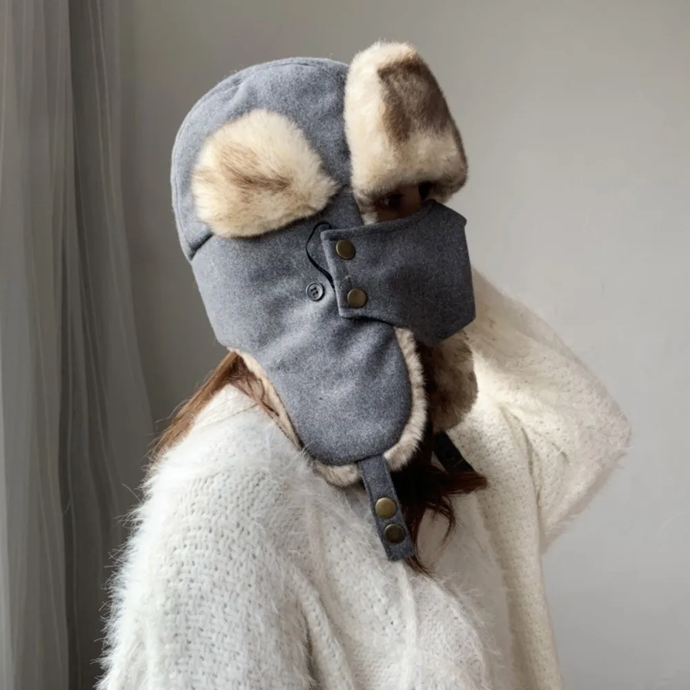 New Faux Fur Lining Trapper Hat With Facemask Warm Earflap Hat Waterproof Bomber Hat Winter Outdoor Wear