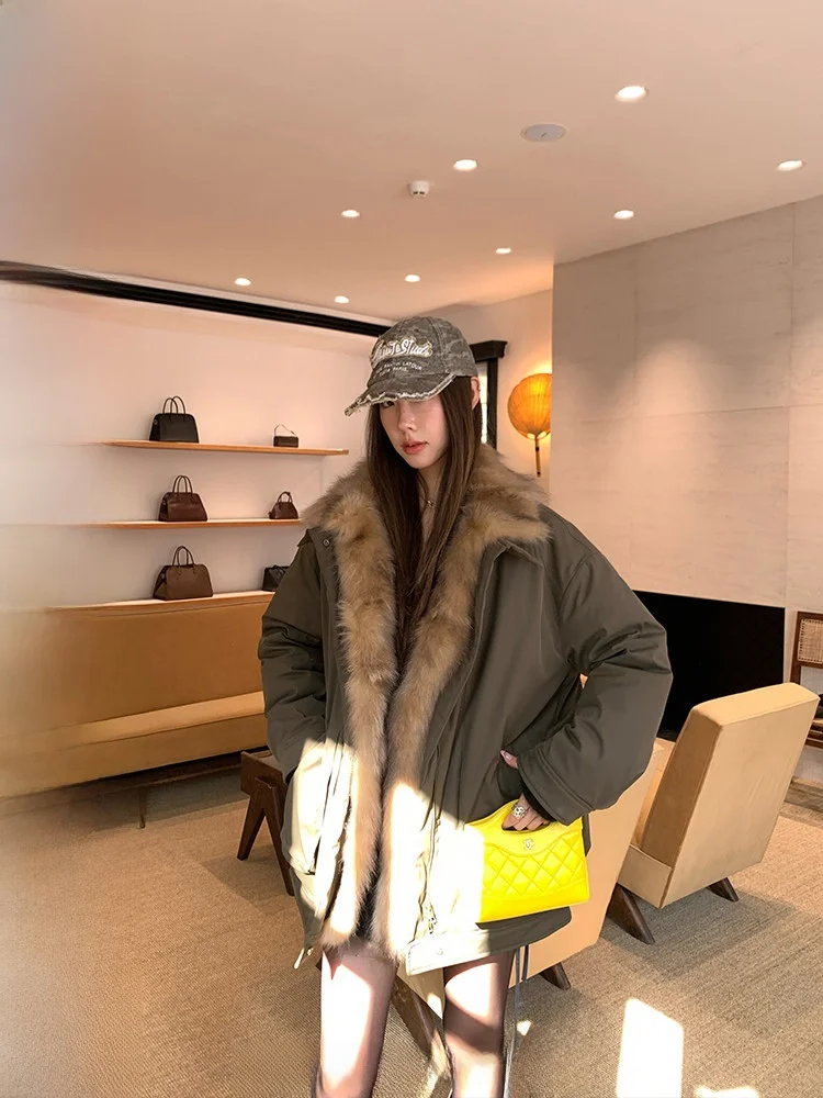 

Ranwear Luxury Level up 90% White Du down Rabbit Fur Real Fur Parka down Jaet Warm Regular Length Pure Color Ladies Coat