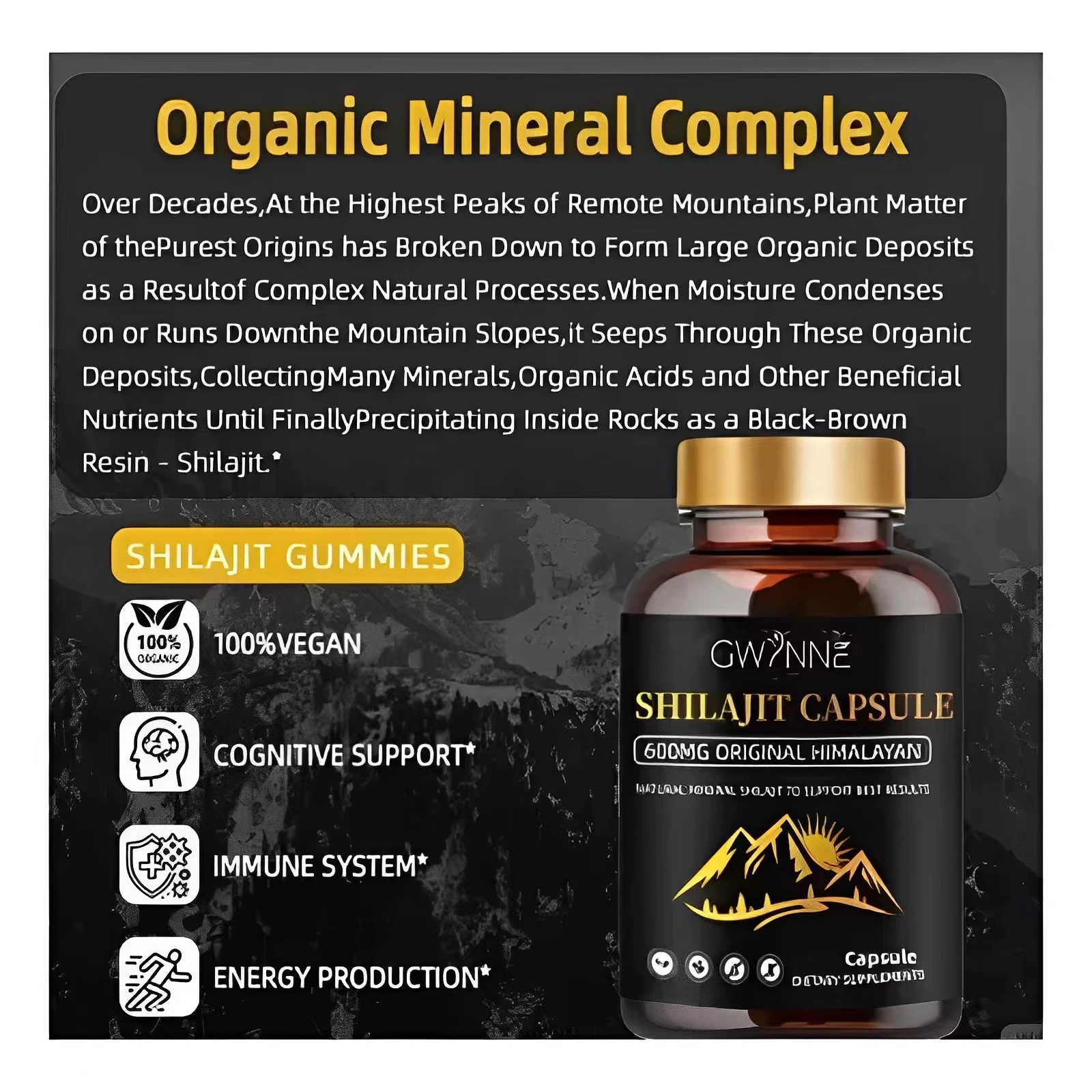 Gwynne Shilajit Shilajit Gummies 60 وحدة نكهة التوت والبطيخ + كبسولات شاراجي 60 وحدة 2 وحدة