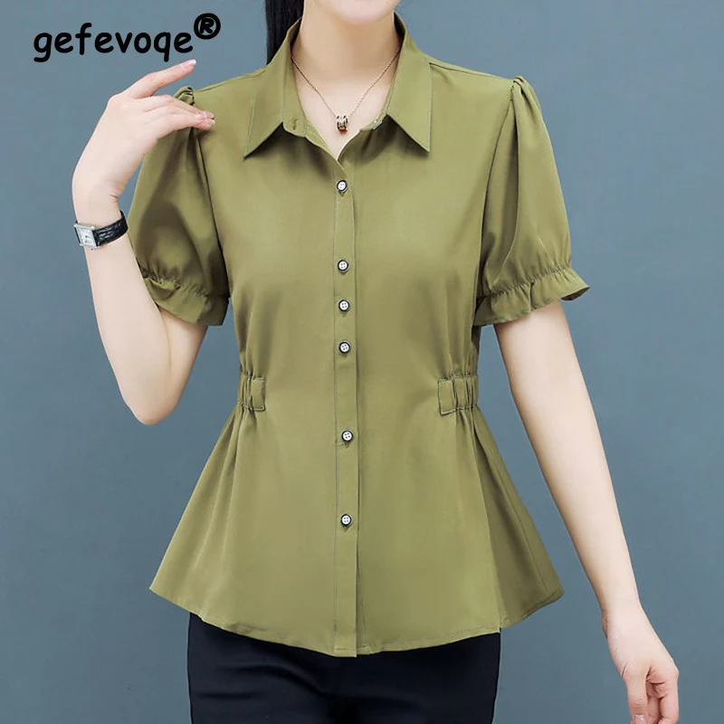 

Office Lady Solid Folds Button Chiffon Shirt Summer 2023 Polo-Neck Short Flare Sleeve Slim Tunic All-match Tops Women's Clothing