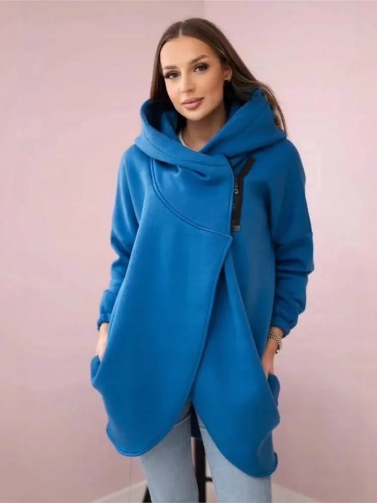 Fashion Hooded Sports Fleece Sweatshirt Casual Long-sleeved Zipper Jacket Women's Solid Color Jacket Autumn Loose Holiday Hoodie
