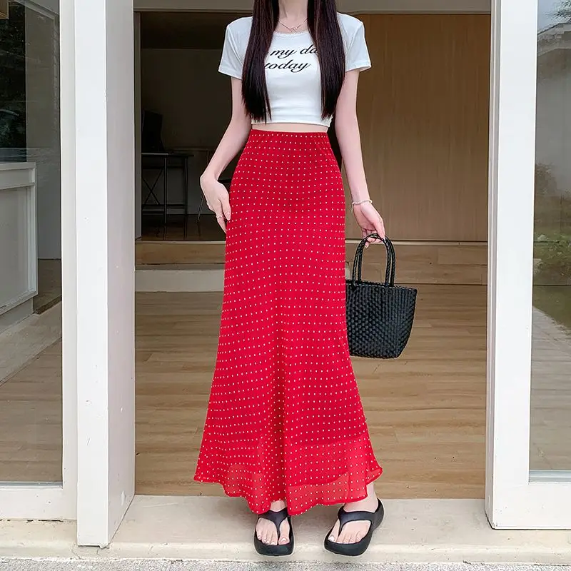 Summer New Polka Dot Retro High Waist Slimming Fish Tail Versatile Temperament Chiffon Long Skirt