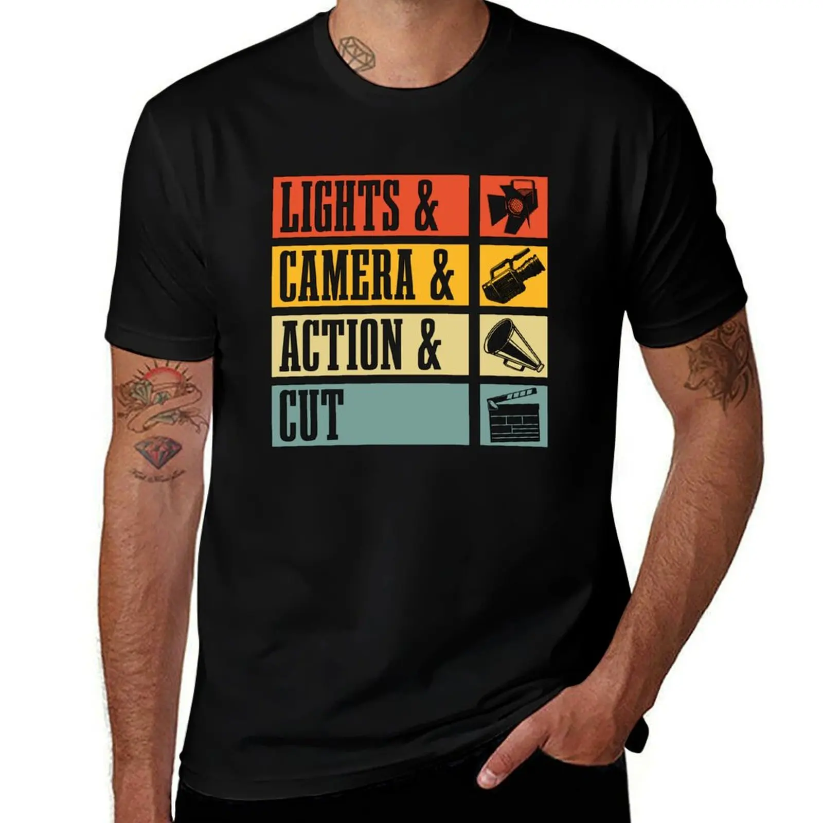 Film Director Lights & Camera & Retro Film Movie T-Shirt Large Size Casual Short Sleeve Top T-Shirt