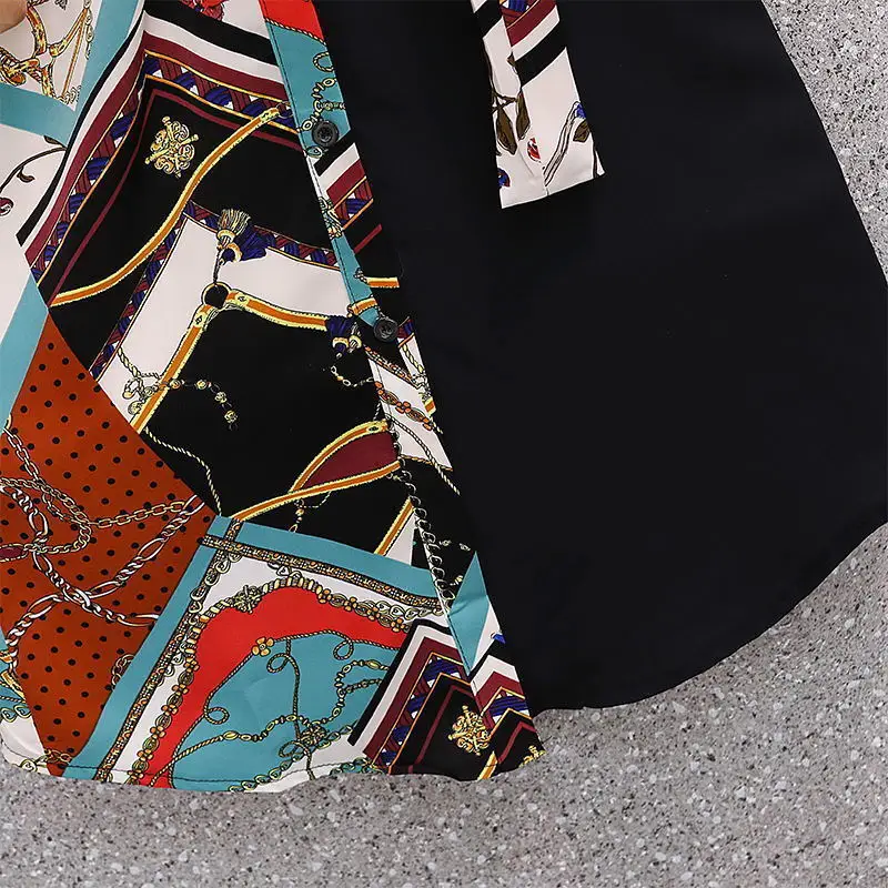 Asymmetrical Print Turn-down Collar Fashion Short Sleeve A-line Skirt Young Style Summer New Belt Empire Women\'s Clothing 2022