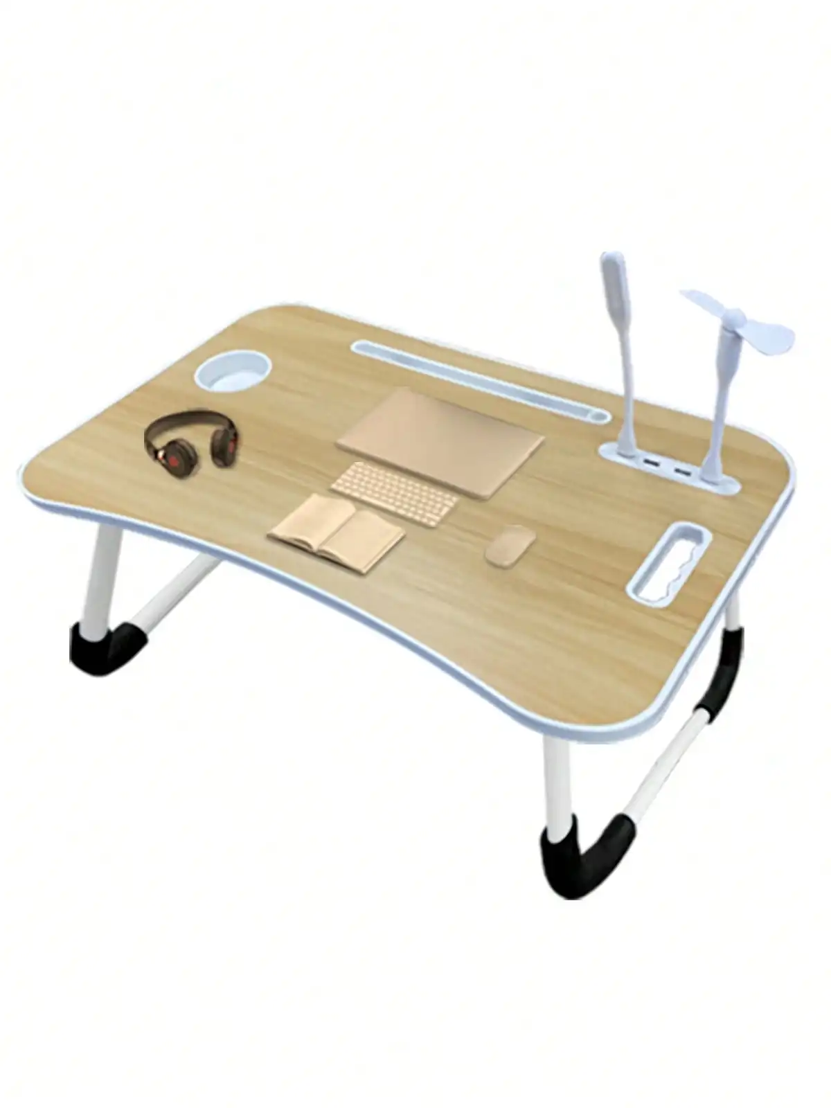 Mesa de cama plegable grande para computadora portátil con portavasos, cajón, USB, ventilador y luz