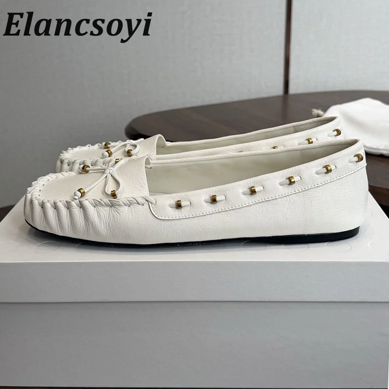 loafers round toe shallow mouth retro flat shoes autumn genuine leather solid color soft sole butterfly decoration casual shoes