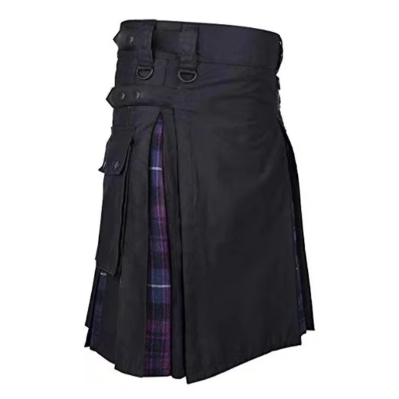 Kilts-Men\'s Plus Size Scottish Hybrid Black Cotton & Tartan Utility Kilts with Leather Straps Kilts for Men