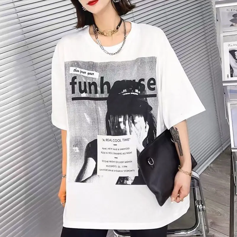 Female Clothing Letter Printed T-shirt Vintage Korean Loose Casual Chic Short Sleeve Summer All-match Commute O-Neck Pullovers