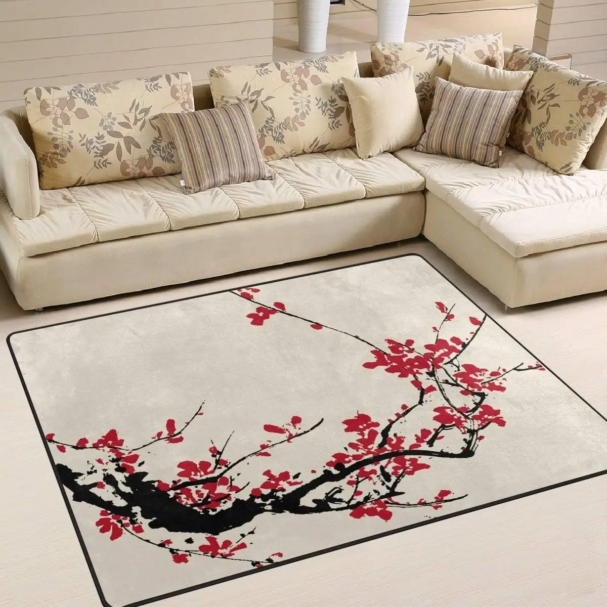 

Japanese Plum Blossom Print Area Rug, Oriental Ink Painting Design Non-Slip Floor Mat for Living Room Bedroom Home Decor Carpet