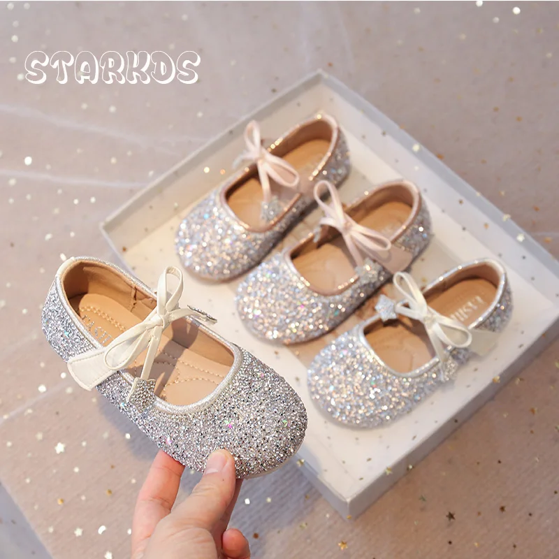 Bling Rhinestone Ballerina Shoes Kid Girl Star Fringe Bowknot Ballet Flats Baby Child Round Toe Soft Sole Glitter Princess Shoes