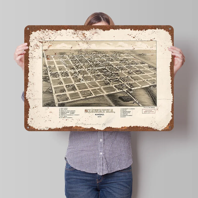 Hiawatha Kansas 1879 Metal Poster Customized Wall Art Retro Vintage Tinplate Signs for Man Cave Aesthetic Decoration Living Room