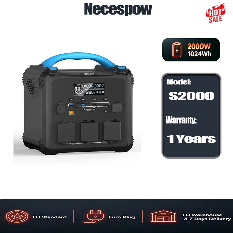 Necespow S2000, stazione di alimentazione portatile, 2000 W in corrente continua, 3000 W in picco, generatore solare LiFePO4 da 1024 Wh, ricarica AC ultra rapida da 1300 W, 10 porte di uscita per