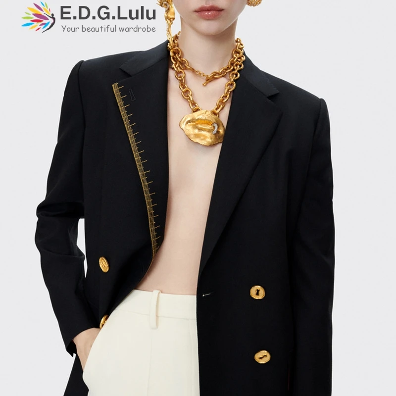 

EDGLuLu 2025 Autumn New Arrival Turn-Down Collar Long Sleeve Blazer For Women Double Breasted Black Suit Jacket 0725