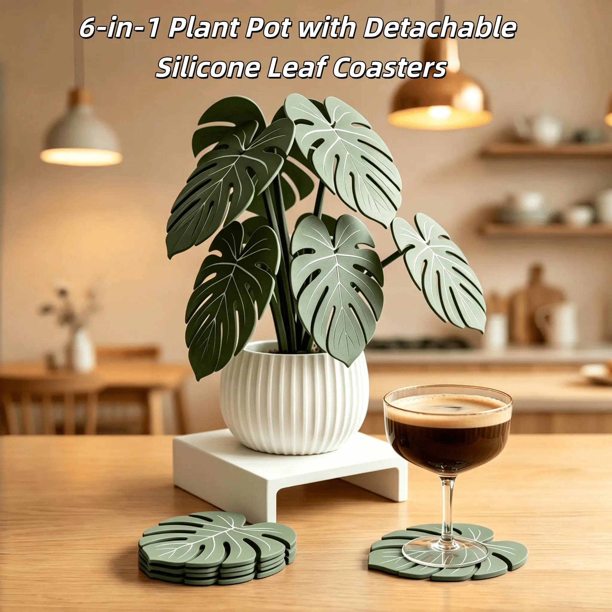 6-In-1 Monstera Leaf Silicone Coaster Set With A Plant Pot Stand. Heat-Resistant And Anti-Slip Cup Mats,Tabletop Plant Decor, Perfect For Coffee, Tea, Home Kitchen Decoration, Christmas Decor, Housewarming Presents And Practical Kitchen Gadgets.