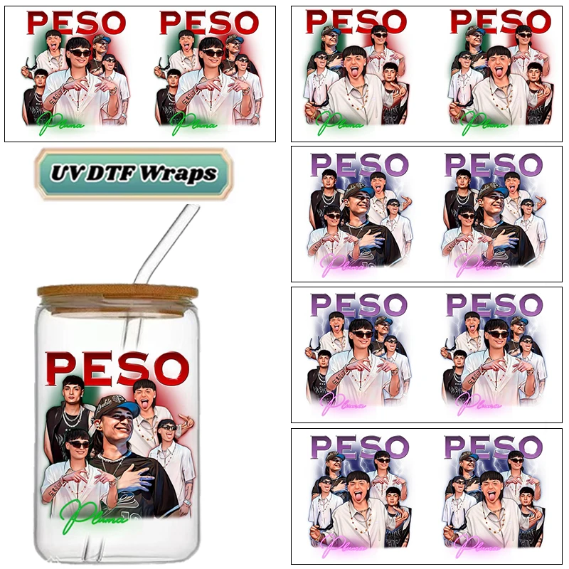 Latin Urban Singer Peso Pluma UV DTF Wraps, Mexican Inspired Portrait Stickers for 16oz Glass Cans, Waterproof DIY Decals