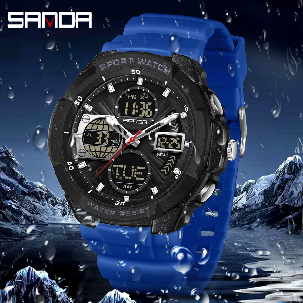 SANDA 6298 العلامة التجارية ساعة رياضية رجالية عادية الخلفية 50 متر مكافحة طالب المنبه عرض مزدوج ساعة رقمية