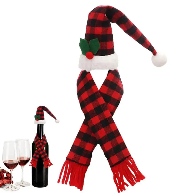 Christmas Wine Cover Mini Santa Hat And Scarf Ornaments Set Red Wine Bottle Decorative Cover Buffalo Plaid Decoration Accessory