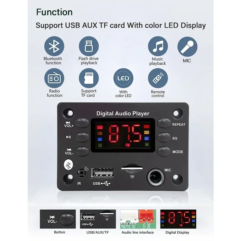 

USB TF FM Radio Mp3 Music Player Speaker DC 5V 12V Bluetooth 5.0 MP3 WMA WAV APE Decoder Board Hands-free Car Audio Microphone
