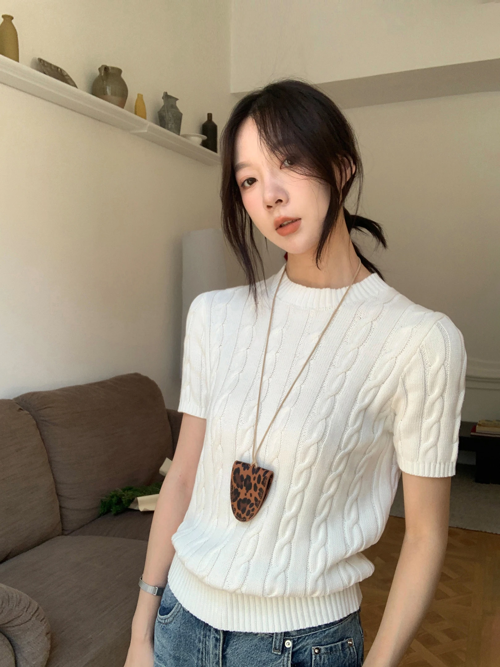 

Lightweight Pure Cotton Knitted ort Sve round Ne Top for Women Breathable Comfortable Versatile Color Spring Fas...