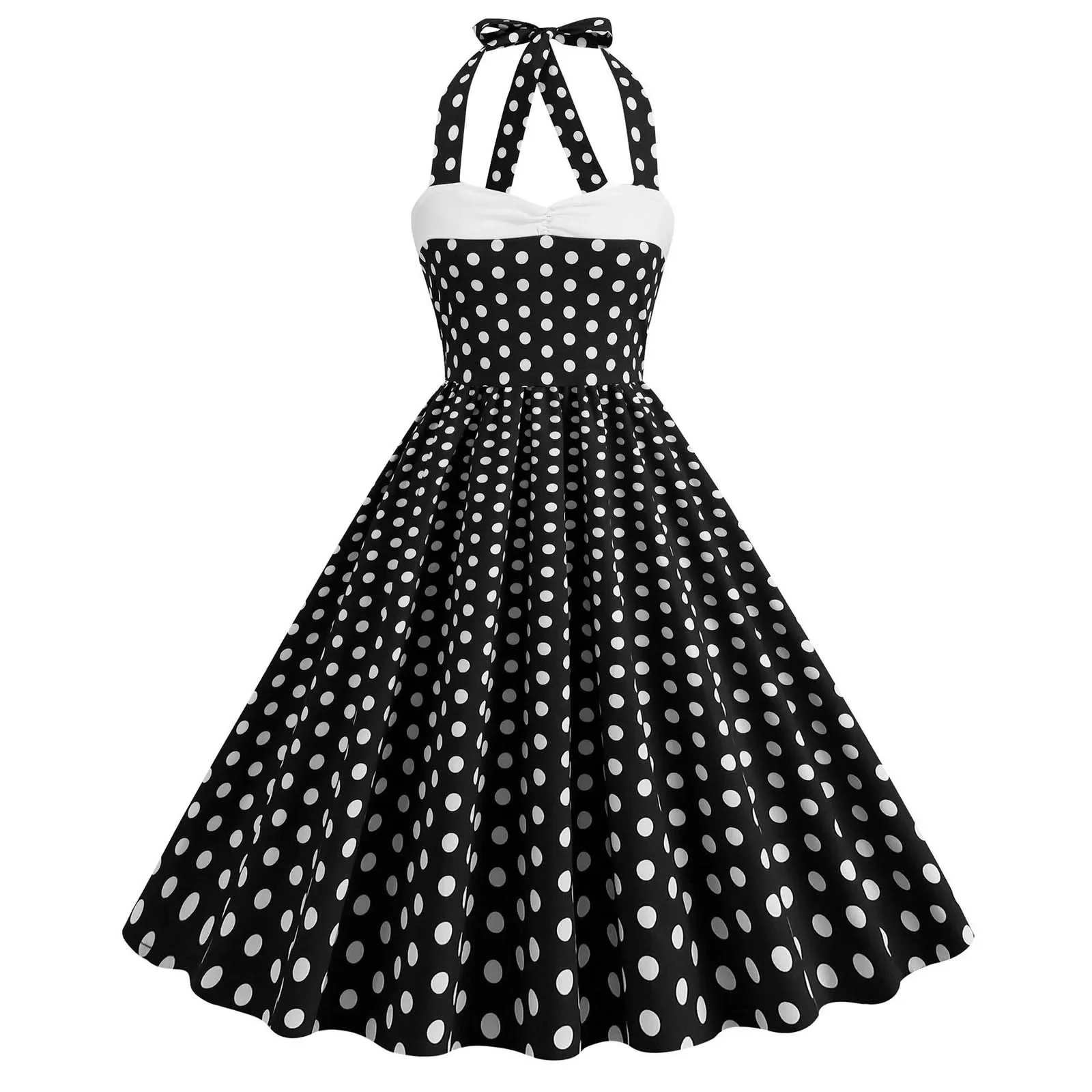 Elegante Vrouwen Roze Polka Dot Jurk Zomer Hepburn 1950 Jaren 60 Vintage Jurk A-Line Halter Rockabilly Retro Feestjurken Vestidos