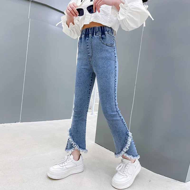 Herfst Meisjes Casual Vintage Flare Jeans Hoge Taille Tiener Skinny Denim Broek Kinderen Kind Boot Cut Jeans Straat Broek 6 8 10