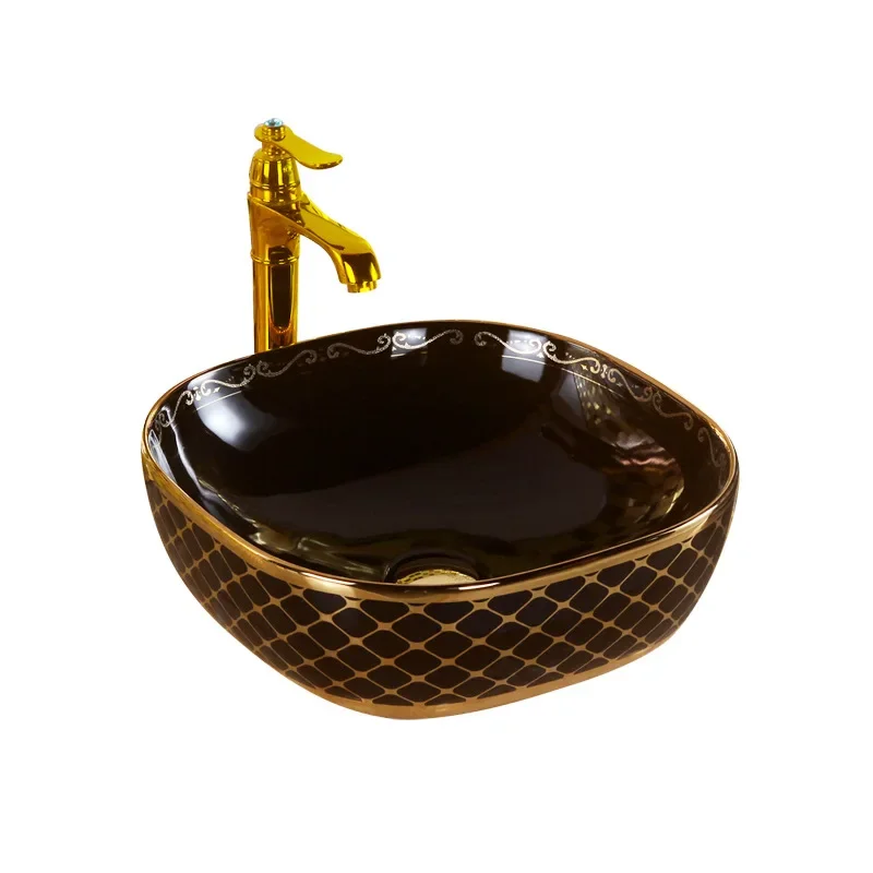 

Luxury Royal Vintage Color Washbasin Countertop Ceramic Toilet Art Basin Bathroom Sink Gold and Black Washbasin