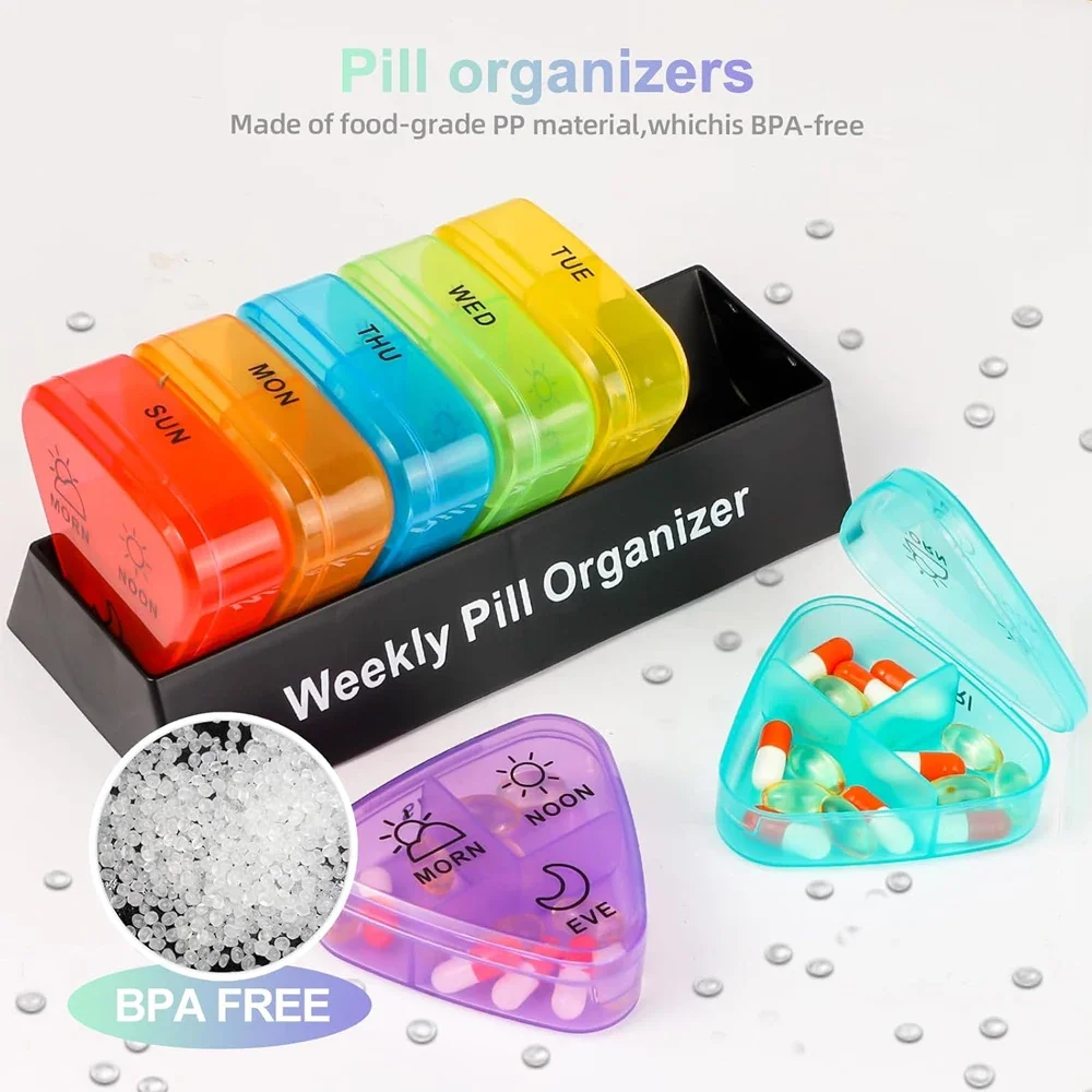 Pill Organizer 3 Times a Day, Sealed Weekly Pill Box 7 Day, Large Daily Pill Box Organizer with 21 Compartments to Hold Pills