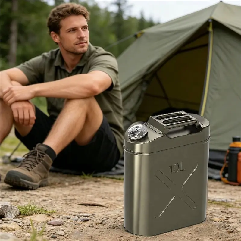 A11M-Oil Guide Tube Equipped Portable 10L Aluminum Cap Vertical Oil Tank Water Tank For Outdoor RV Camping