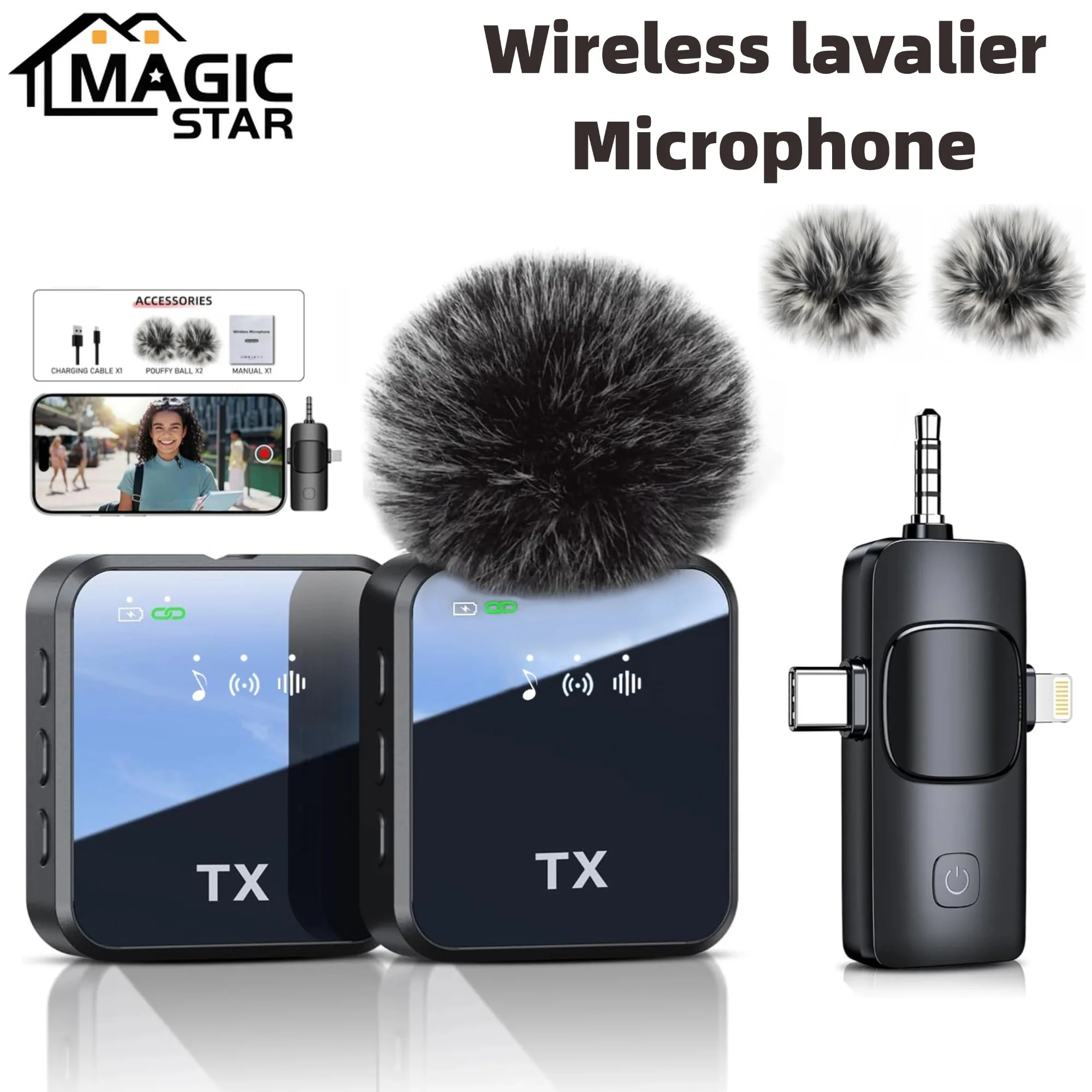 

3 in1microphone for IOS/Android Wireless Lavalier Microphone, Video Recording Noise Reduction, Live Streaming Clip-on Microphone