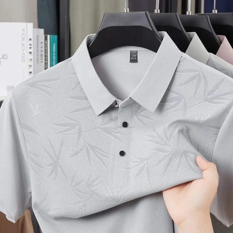 Men's Bamboo Leaf Jacquard Polo Shirt Short Sleeve Casual Breathable Golf Top