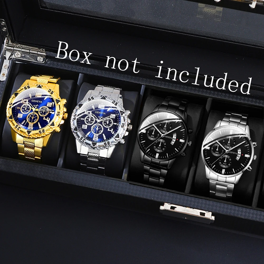 นาฬิกาควอทซ์แฟชั่นลำลองสำหรับผู้ชาย 4 ชิ้น, นาฬิกาสำหรับนักธุรกิจ, หน้าปัดทรงกลม, สายโลหะผสม