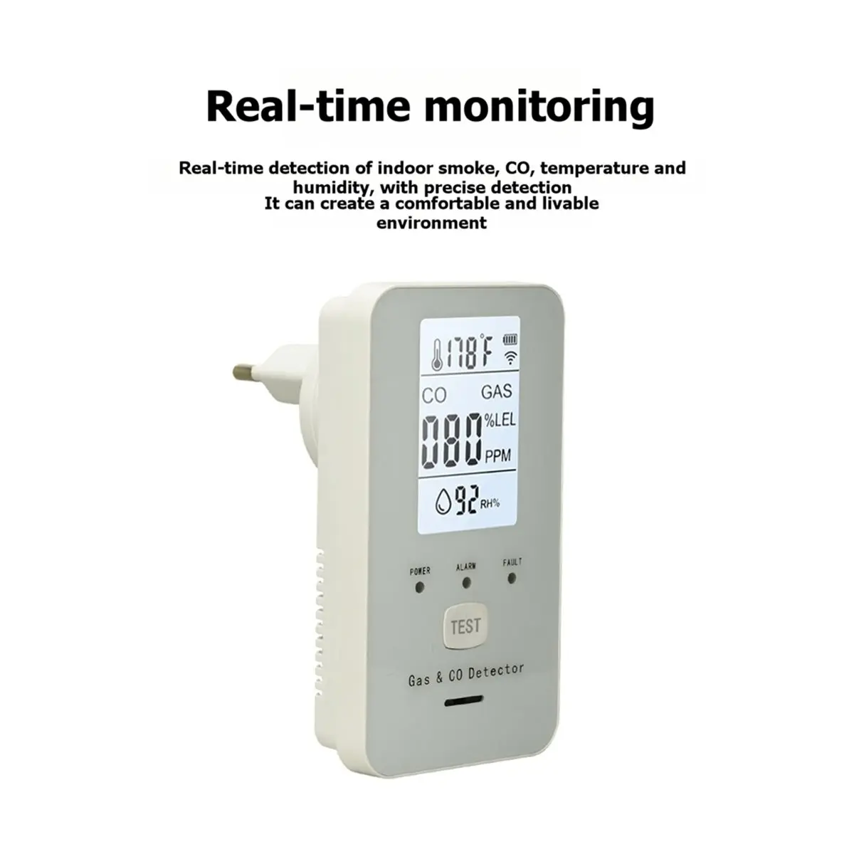 Dynamic 4-in-1 Carbon Monoxide Gas Leak Monitor 0-999ppm Detection Anti-Poisoning Explosion Protection Alarm Detector EU PLUG A