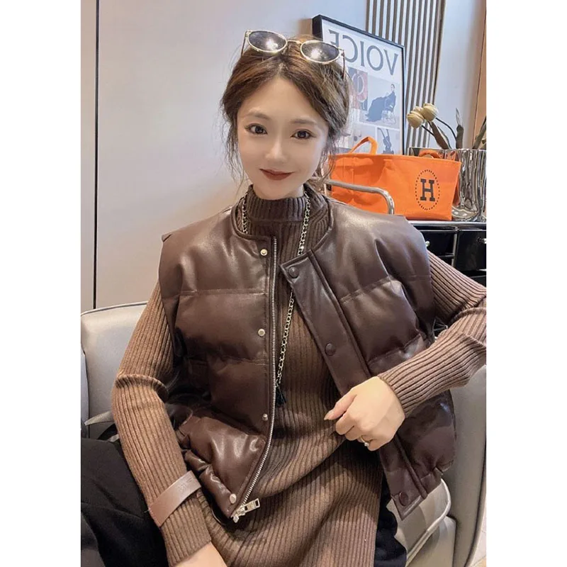 

Korean Loose Pu skin Down Cotton Vest Women New Autumn Winter Short Stand Collar Sleeveless Jacket Fashion Waistcoat Vests
