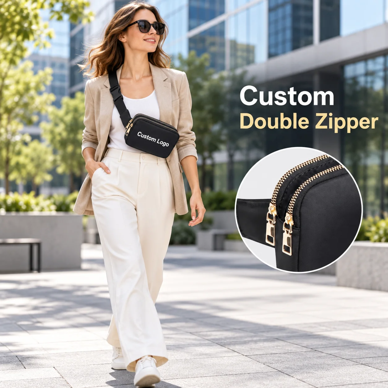 Custom Double Zipper Waist Bag Personalized Logo Lightweight Nylon Belt Pack For Outdoor Running Travel Festival Couples Gift
