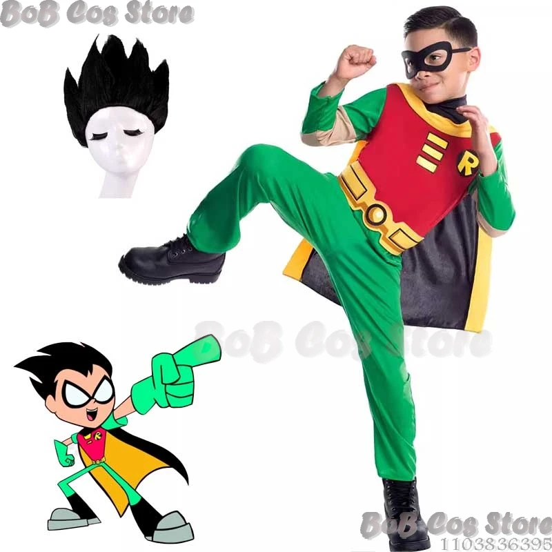 Robin Cosplay Kids Anime Cartoon Teen Comic Titans Superhero Robin Grayson Jumpsuit Costume Wig Halloween Uniform Party Roleplay