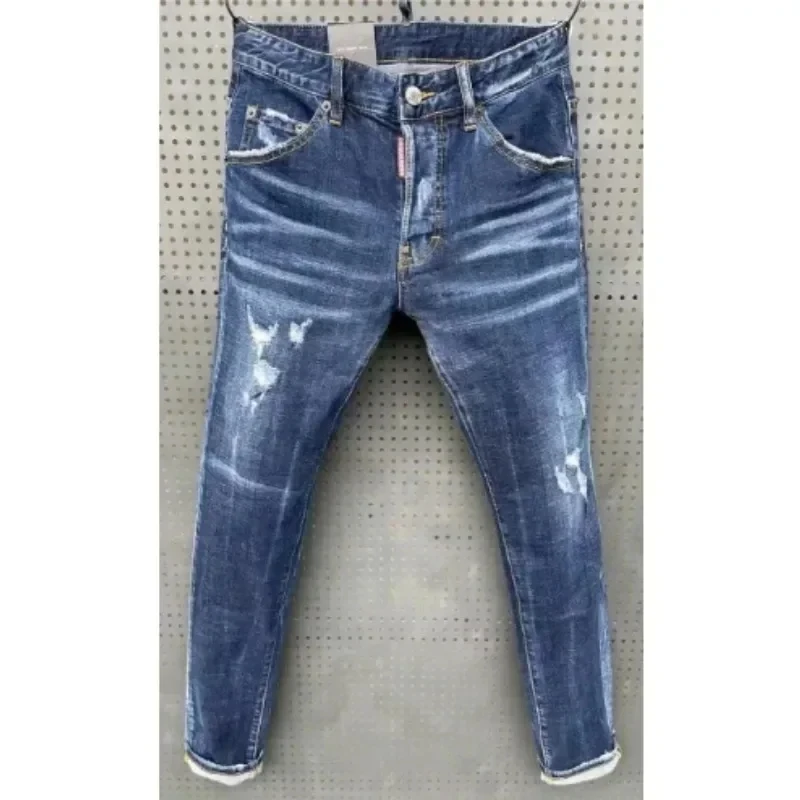 

2025 Мужские эластичные джинсы скинни, качественные мужские классические роскошные брендовые синие джинсовые брюки, мужские уличные облегающие рваные джинсы, размер 44-54
