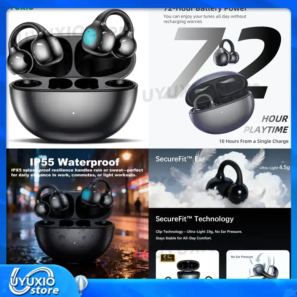 UYUXIO BT 5.4 Clip on Wireless Earphone OWS Earbuds with 50H Long-Battery Life Play Time Open Ear Headphone Ear Buds for
