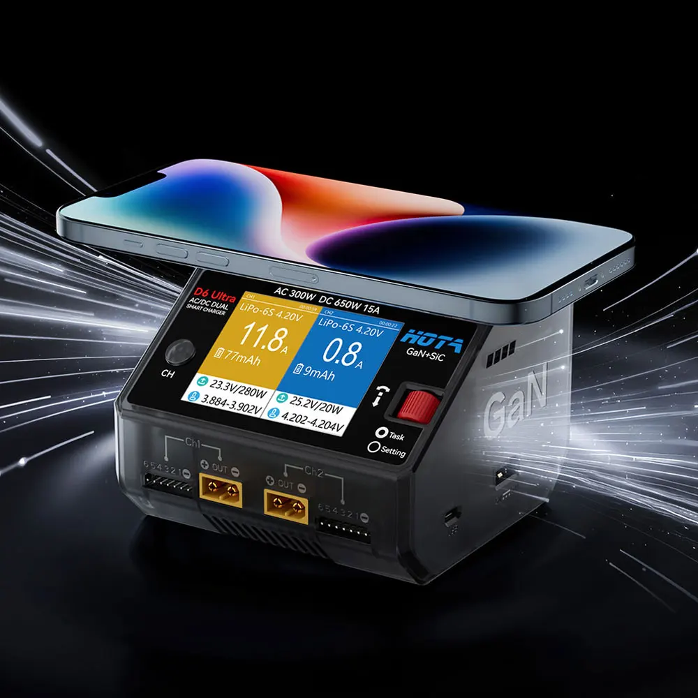 

Ультра двухканальное зарядное устройство HOTA D6 — переменный ток 300 Вт/постоянного тока, 650 Вт (GaN+SiC) для 1–6S LiPo/LiHV/NiZn/NiCd/NiMH (XT60) FPV
