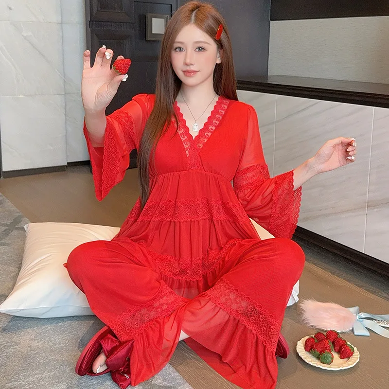 2026 Spring and Autumn New Fashion Solid Color Lace Sweet Leisure Loose Princess-style Tulle Pajamas Set for Women's Home Wear