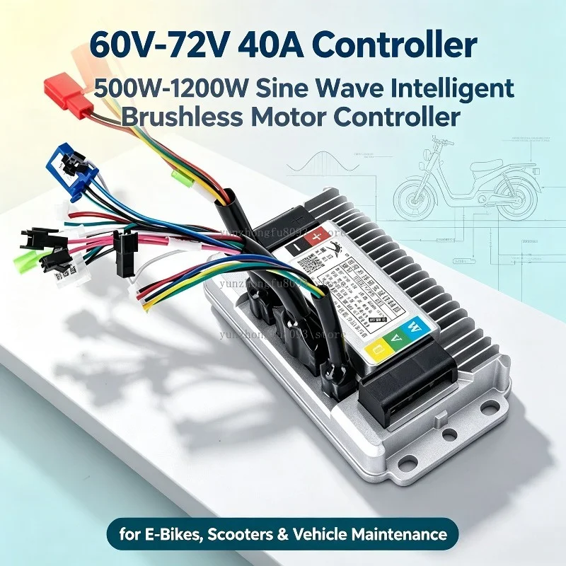 60V-72V 40A 500W-1200W Controller, Sine Wave Intelligent Brushless Motor Controller for E- Bikes & Scooters