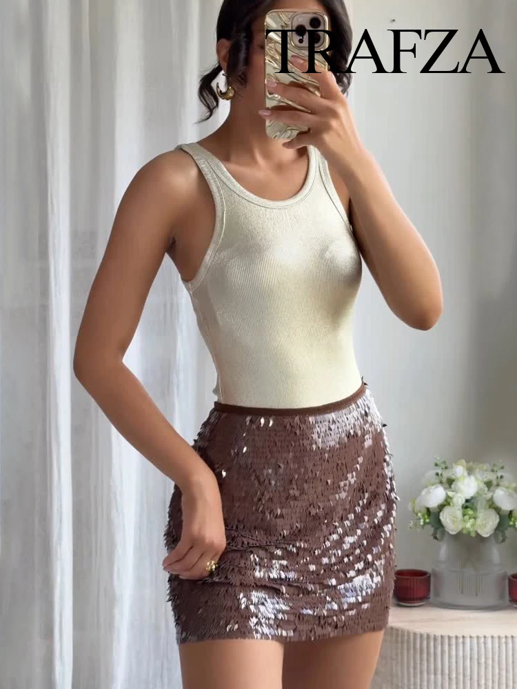 

TRAZFA 2025 Woman Summer Solid Side Zipper Mini Skirt Female Sequin Decorate Skirt Shiny Sexy Side Zipper Solid A-line Skirt