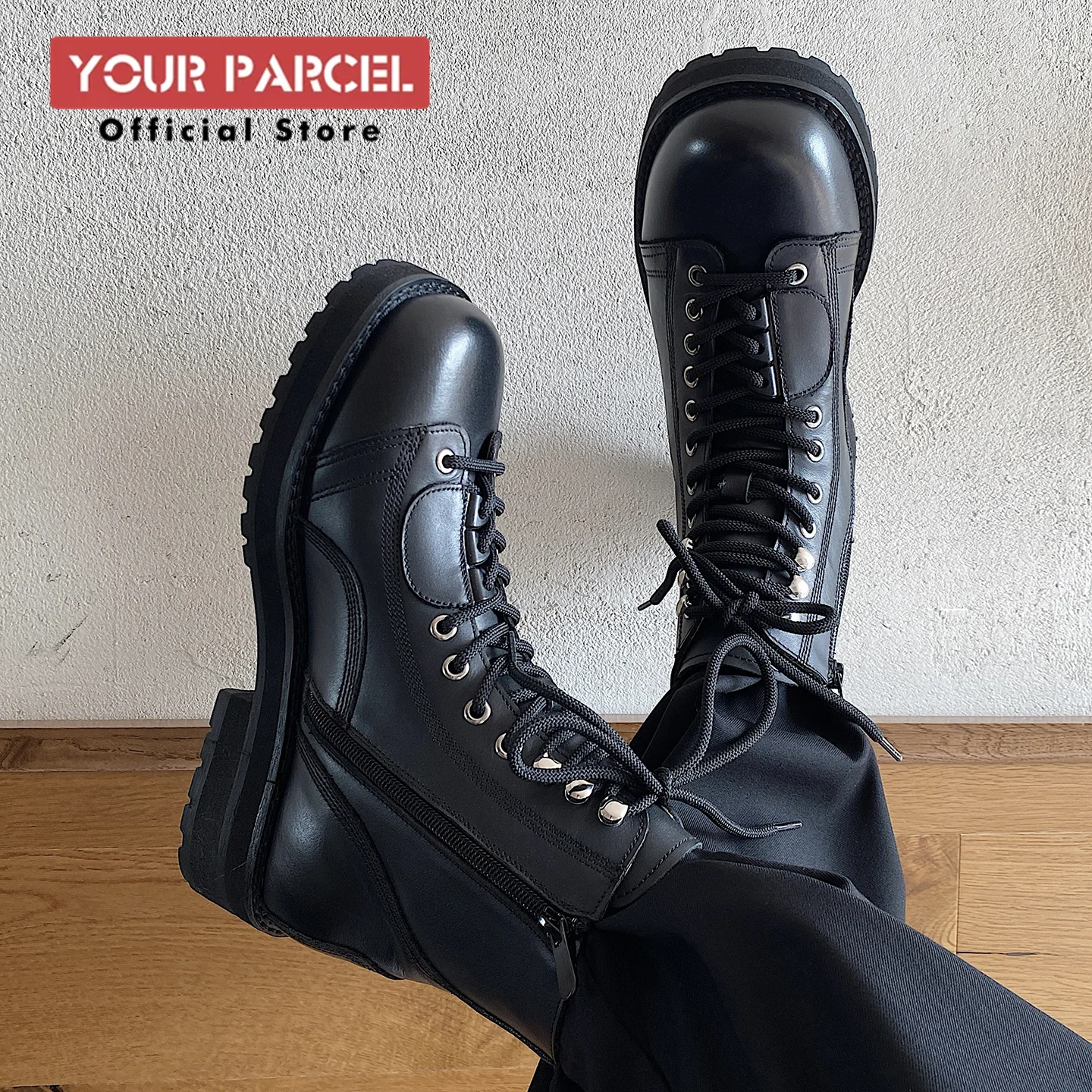 أحذية جلدية قصيرة برباط أسود للرجال بتصميم سحاب جانبي كبير الرأس وسحاب جانبي للدراجات النارية تعمل أثناء التنقل في الهواء الطلق