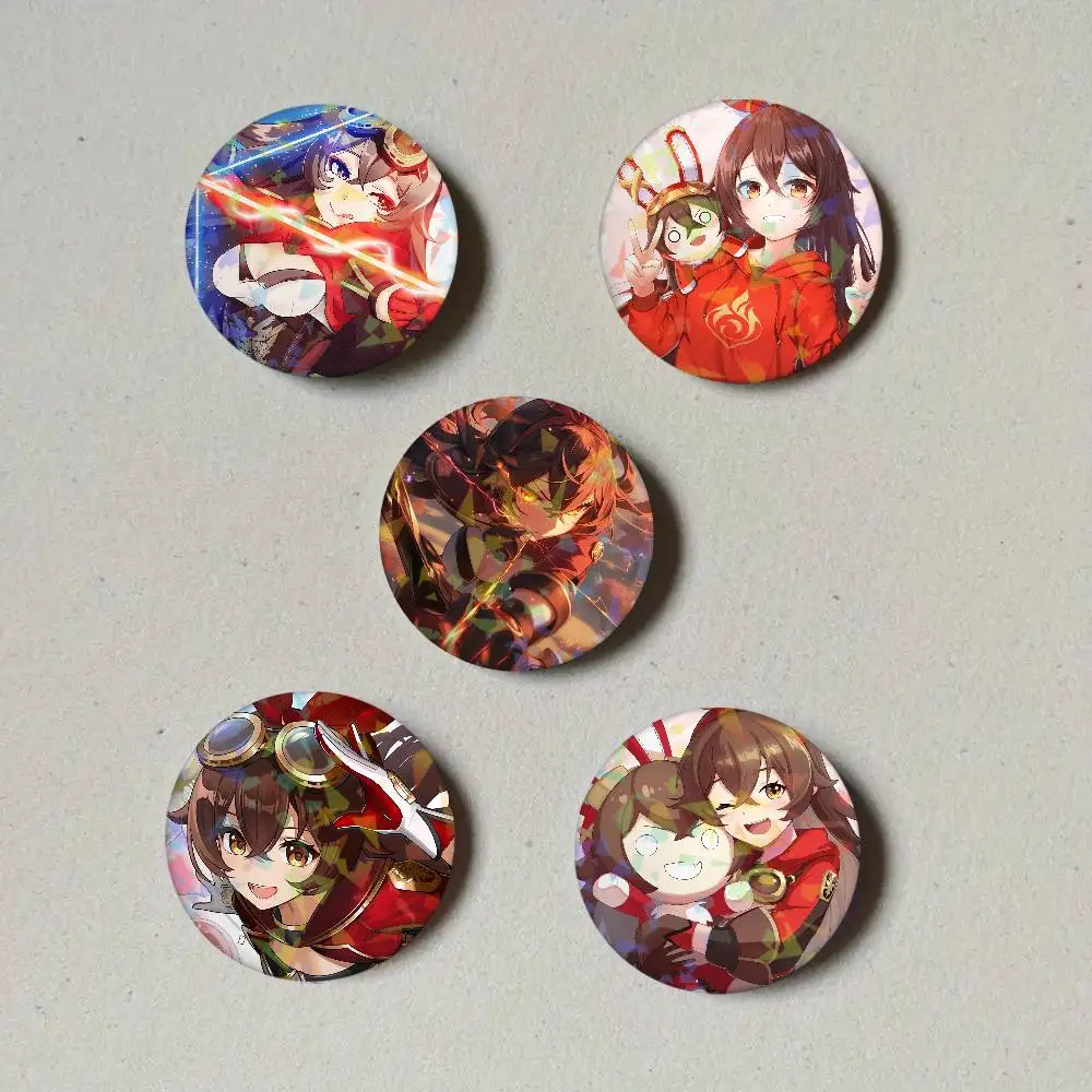 Genshin Impact Amber Round Laser Badge Brooch Clothes Backpack Accessories Lapel Decoration Gift